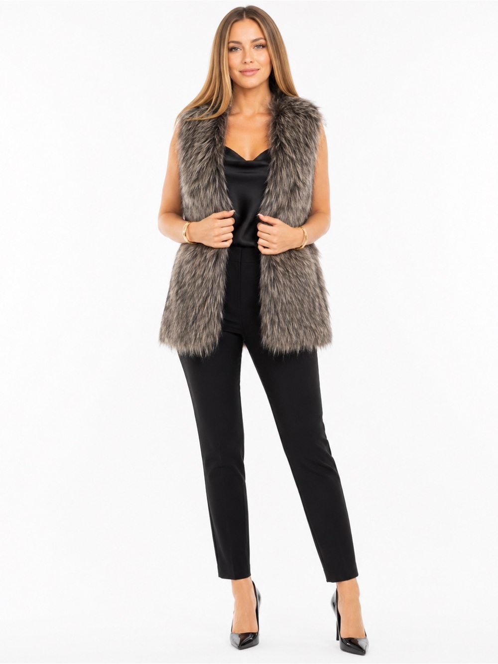 Nicole by Nicole Miller Gray Faux Fur Vest Medium Shaggy Mob Wife Luxe